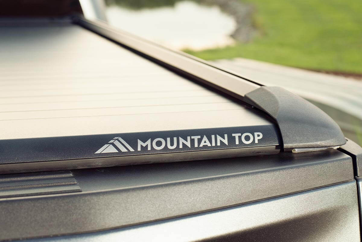 close up of Mountain Top Tonneau cover on grey pick up truck